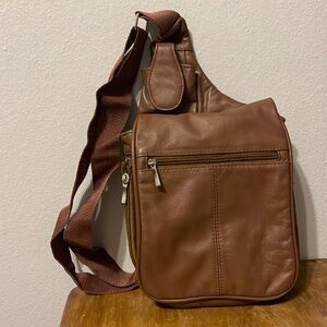 Buxton Chocolate Brown Leather Multi Pocket Expandable Crossbody Sling Bag